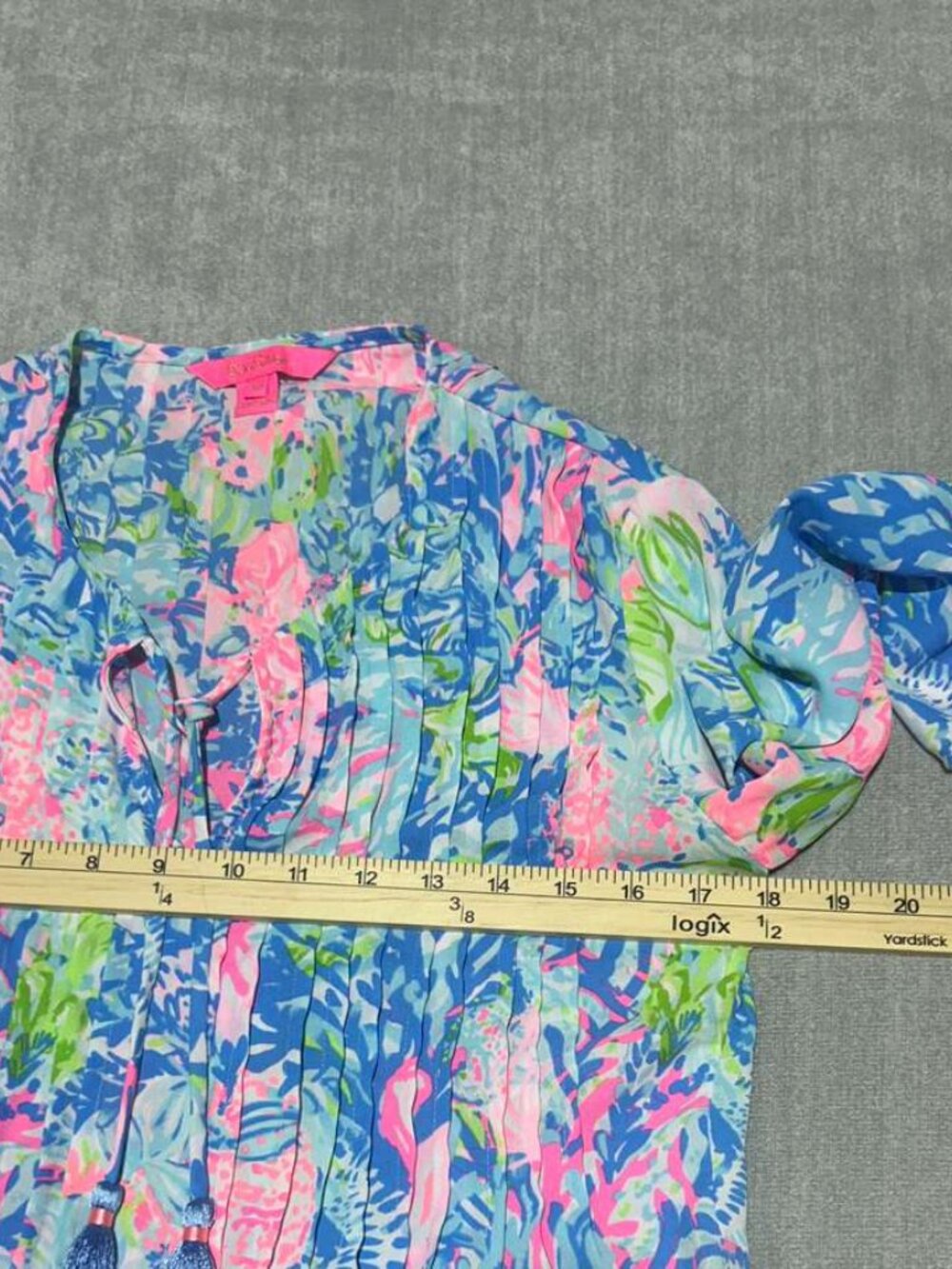 Lilly Pulitzer XS Tropical Floral Tassel Tunic Blouse Blue Pink - Picture 8 of 10